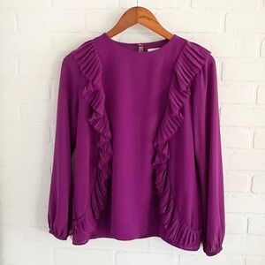 Isabel Lu Ruffled Blouse Chiffon Long Sleeve Purple Fuschia Pink Key Hole Sz S